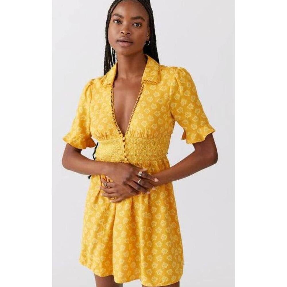 Urban Outfitters Graziana Short Sleeve Mini Dress Yellow Floral Women's XS
